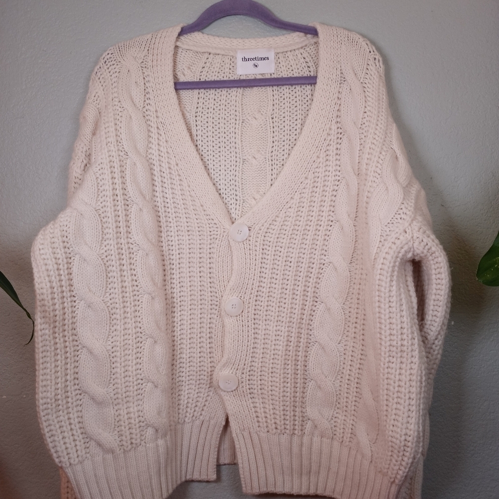 Three Times Cashmere Fine Wool Cable Knit Fisherman White Cardigan XL - Picture 3 of 10